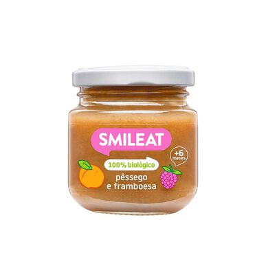 Smileat ekologisk persika- och hallonburk 4M babymåltidsburk 130g 130g