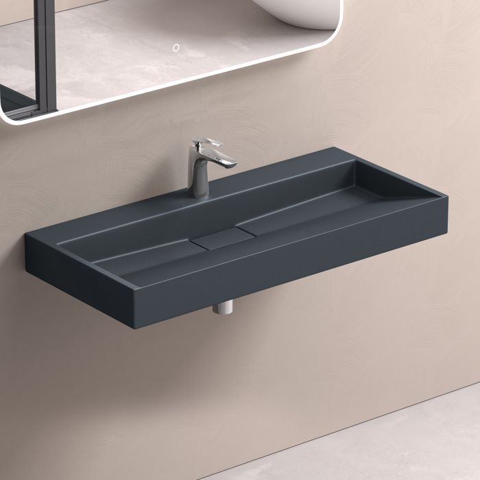 Lavabo mural Doporro con desagüe, lavabo de encimera, gris mate/negro, 100x46x11cm, lavabo rectangular con orificios para taladrar, Colossum19