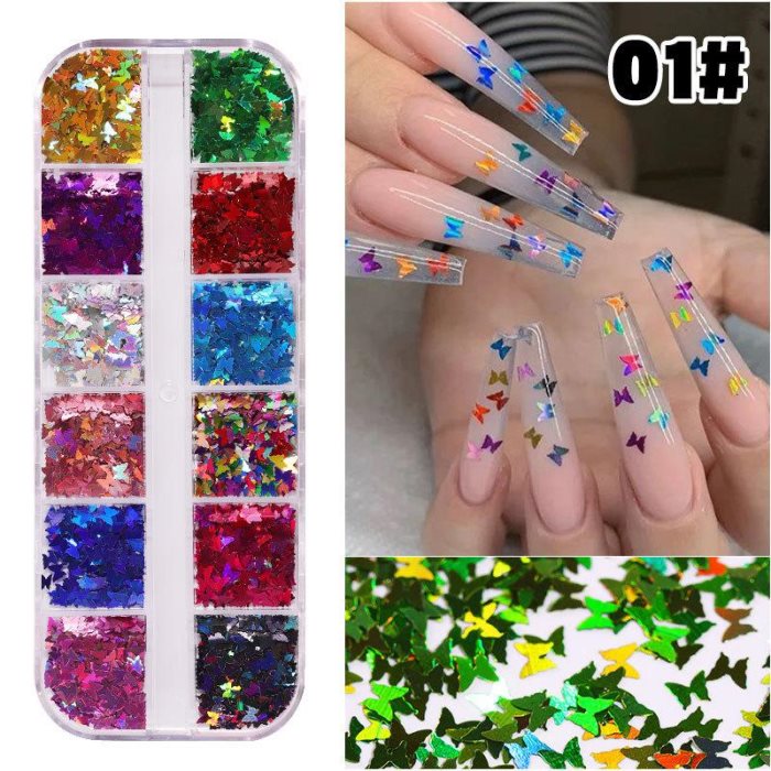 12 Raster/Etui Fluorescerende Vlinder Vormen Nail Art Glitter Vlokken 3D Kleurrijke Pailletten Neon Pigment Nageldecoraties TSLM2
