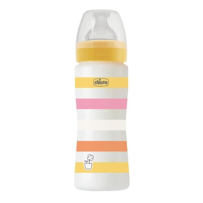 Biberón Chicco Wellbeing 330 ml - Tetina de silicona - Flujo rápido - 4 meses+ Amarillo