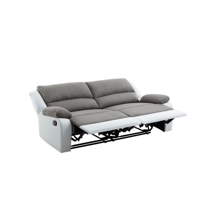 Canapé relax manuel 3 places avec 2 assises XXL LEO en microfibre et simili - Blanc/Gris - L193 x P93 x H96cm - LOUNGITUDE