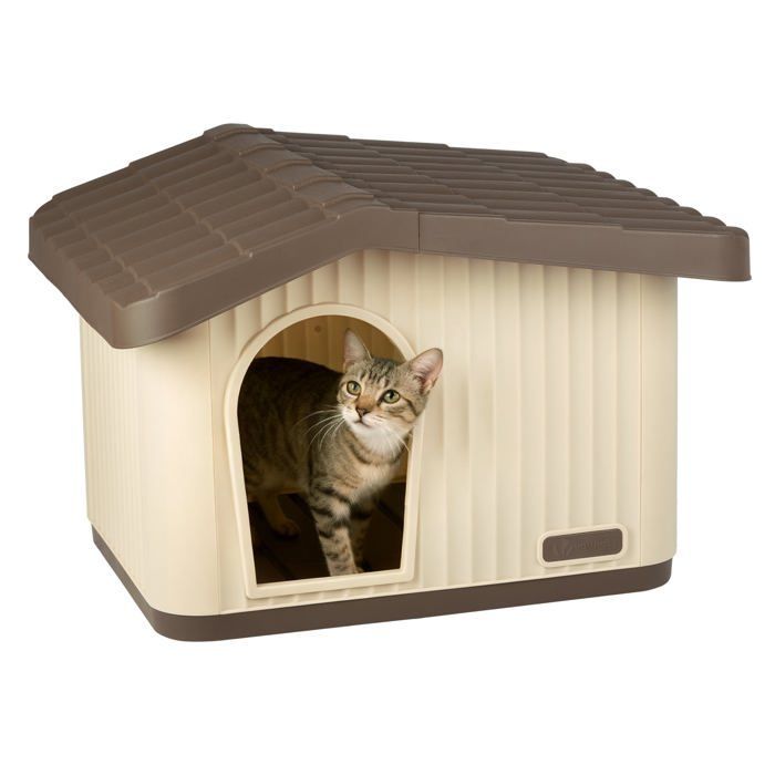 Caseta/perrera impermeable de plástico VOUNOT® para gatos y perros, 60x51x41cm - Techo inclinado desmontable - Apta para uso interior y exterior - Beige
