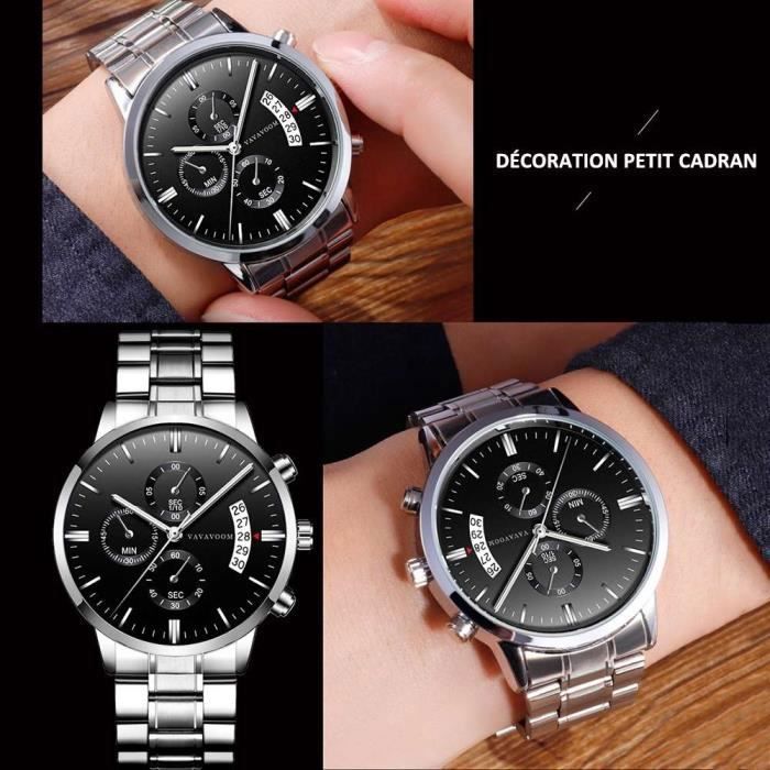 Montre à Quartz pour Homme - Etanche - Bracelet Acier Inoxydable - Cadran Noir, Bracelet Argenté, Aiguilles Argentées