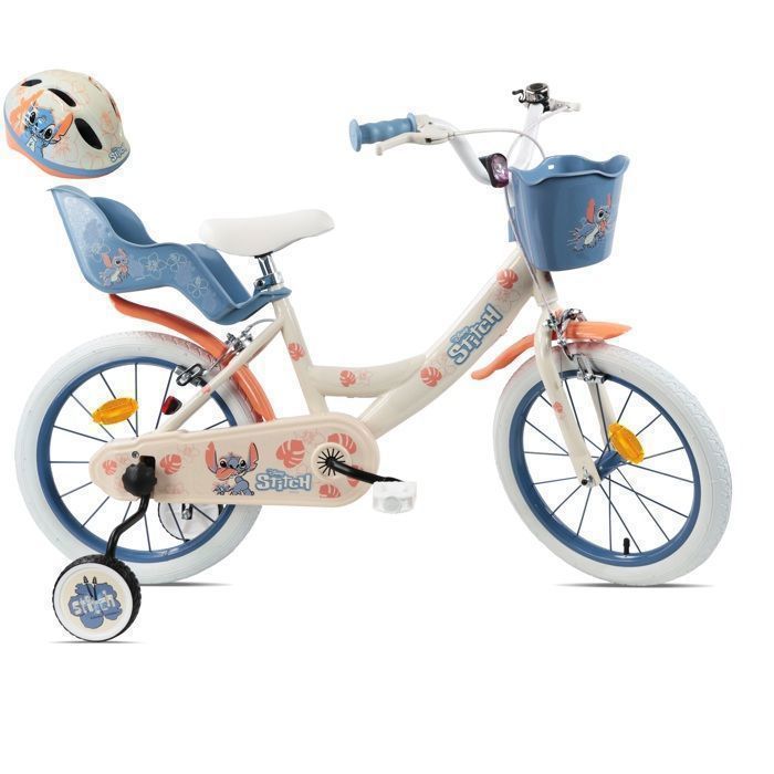 Vélo enfant 16'' STITCH / DISNEY  pour enfant de100 cm à 125 cm avec 2 freins, panier, porte poupée et Casque inclus