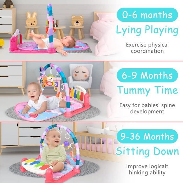 Alfombra de juegos para bebés, alfombra de actividades y juegos para recién nacidos con música y luces, arcos de juego y 5 juguetes extraíbles.