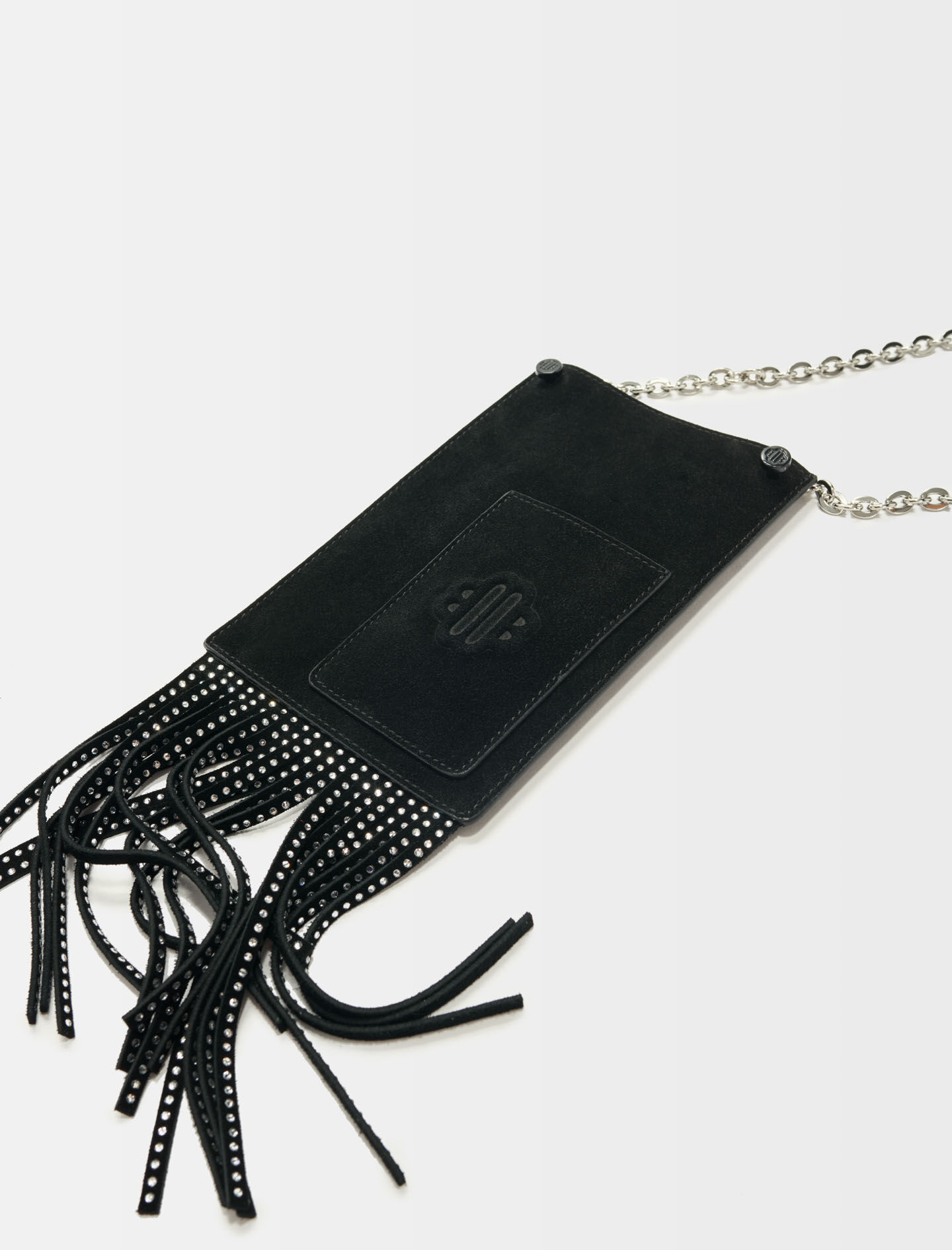 Suport telefon mobil din piele cu franjuri - Negru