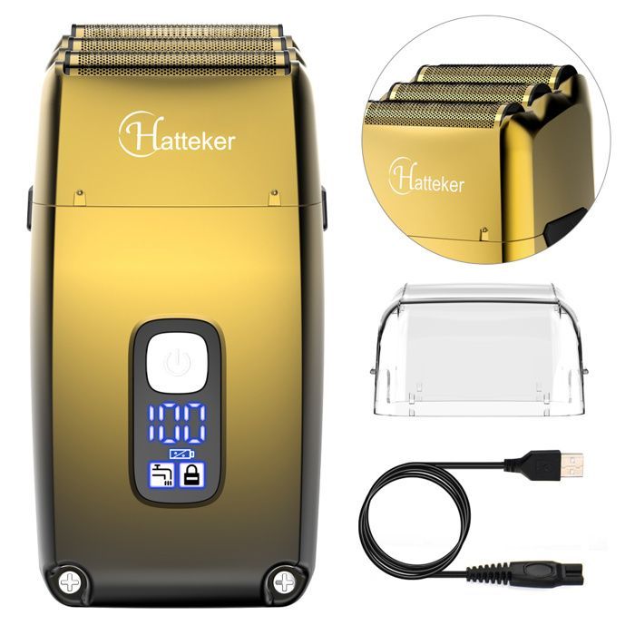 Hatteker Men's Electric Razor with 3 Heads, Beard Trimmer, Waterproof, Wet & Dry Shaving, Rechargeable, Gold