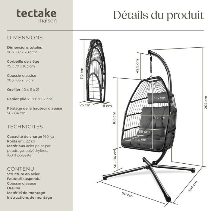 Hängeschaukel – TECTAKE – ARIANE Hängesessel, 160 kg, drehbar, 98 x 107 x 202 cm, Stahl und Polyester – Dunkelgrau