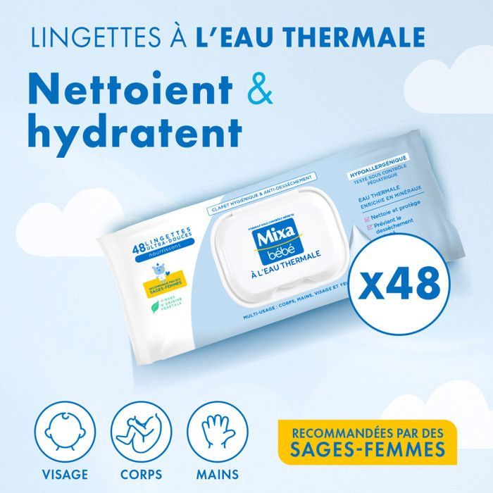 Lingettes bébé - MIXA - Lingettes à l'eau Thermale - 4x48 - Hypoallergénique - Clapet anti-dessèchement