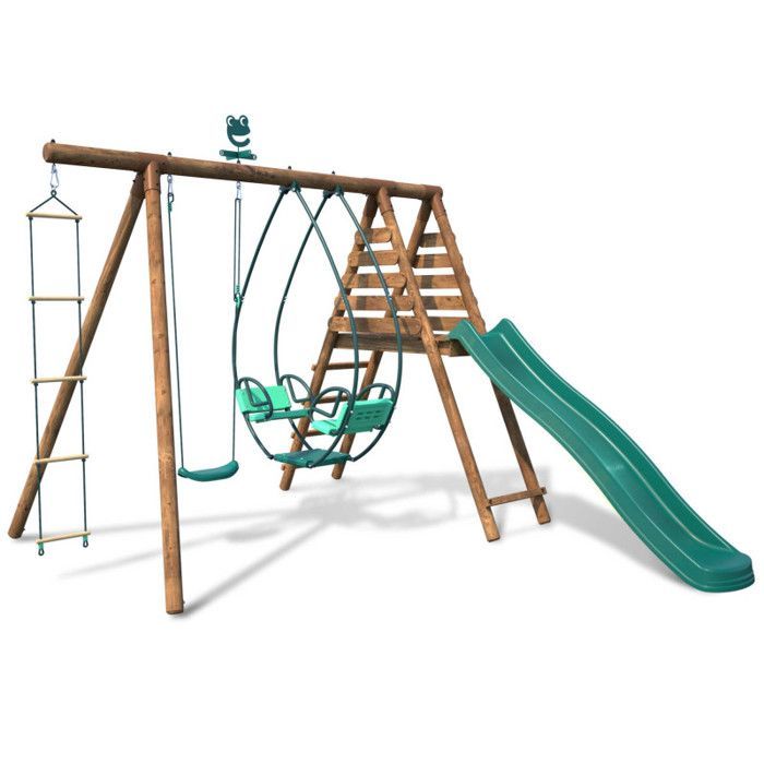 Portique en bois rond 3 agrès avec face à face, échelle et toboggan LAVANDE
