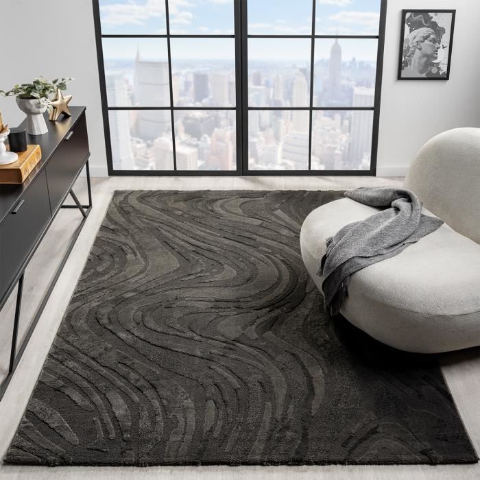 Tapis salon moderne avec poils courts thème vagues 3D - VIMODA - Berbère - Anthracite 80x150 cm