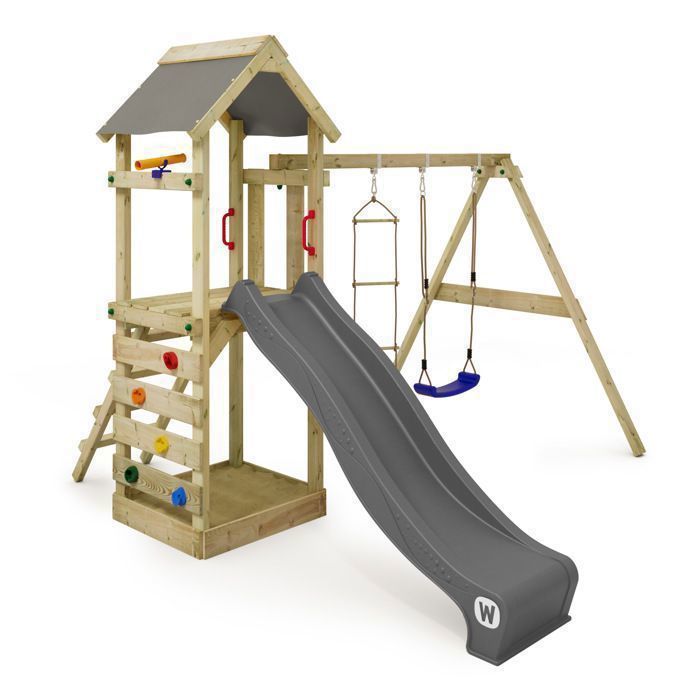 Tour de jeux bois WICKEY FreeFlyer avec toboggan 220 cm anthracite, mur d’escalade et bac à sable – 10 ans de garantie*