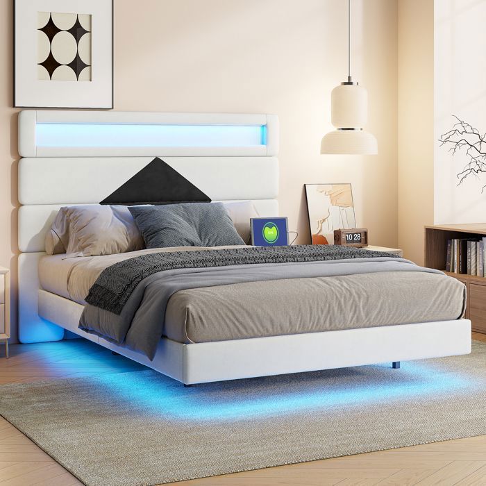 Lit Double 140x190 - Flottant Intelligent - LED RGB - Prise USB - Tête de lit Velours