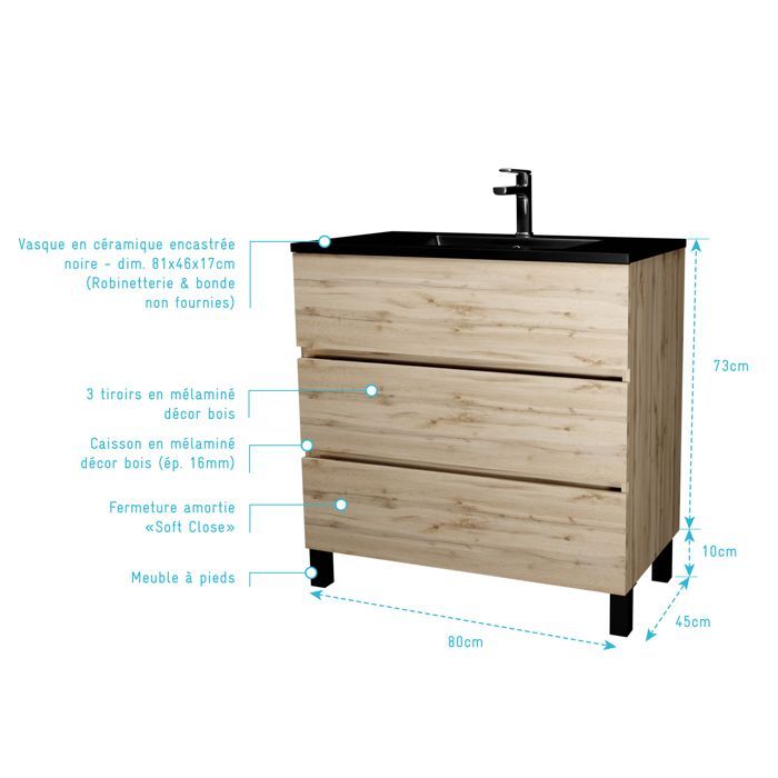 Mueble de baño de 80 cm con 3 cajones en roble natural + lavabo de cerámica negra - MADERA