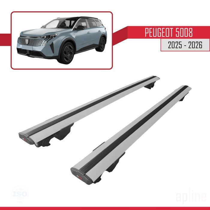 Compatibel met Peugeot 5008 2025-2026 HOOK model dakdragers, autobagagedrager, grijs aluminium, 2 stangen.