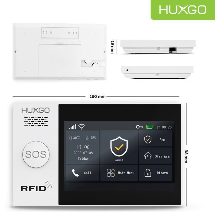 Systeme d'alarme Maison WiFi + GSM, HUXGO HXA007 + Sirène sans Fil, 1X détecteur de Mouvement, 12X capteur de Porte/fenêtre, TUYA