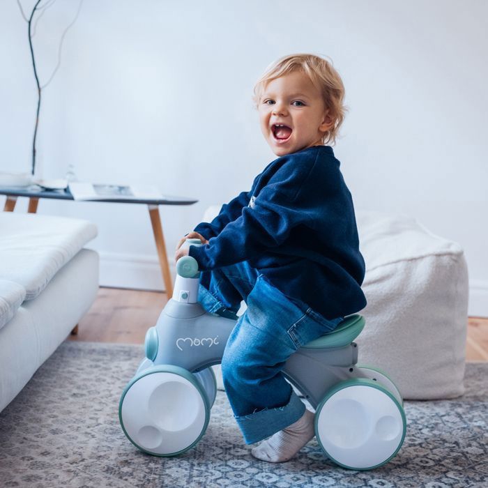 MoMi TOBIS – Baby Balance Bike without Pedals – Bubbles, LED Light, Horn – Adjustable Handlebars – Grey