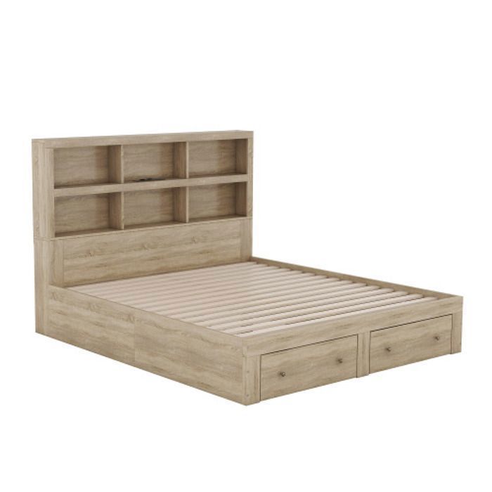 Cama MODFU con cajones, cama para adultos, cama doble de 160 x 200 cm con 2 cajones, cabecero con 6 compartimentos de almacenamiento, color natural.
