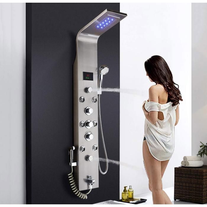Colonna doccia in acciaio inox spazzolato, display LED della temperatura, 6 getti massaggianti, soffione a pioggia, cascata, doccetta, bidet.
