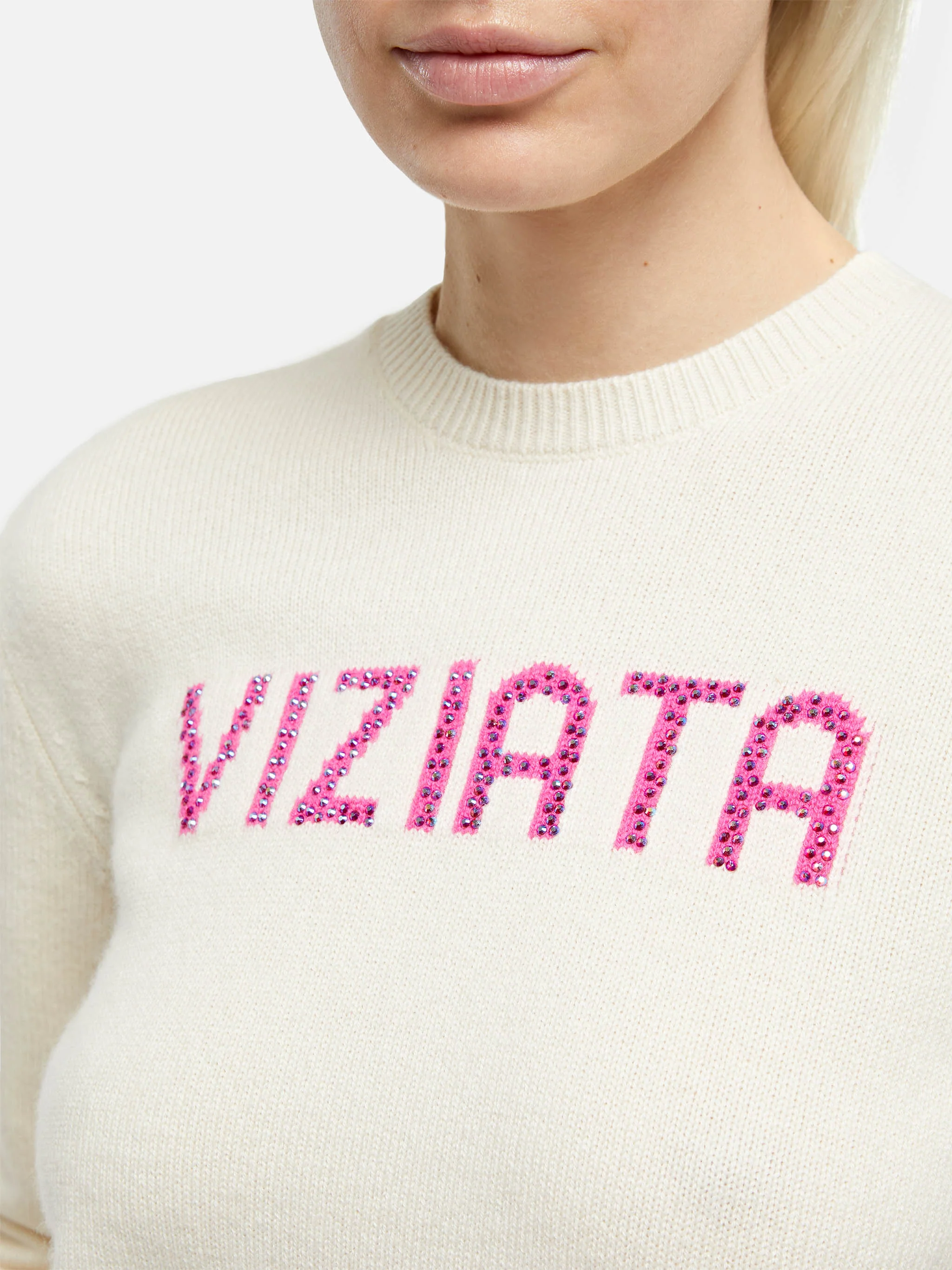 Woman New Queen Sweater | White Crewneck | Viziata Jacquard with Rhinestones | Logo Embroidery | Regular Fit | 38% Wool, 9% Cashmere | MC2 Saint Barth
