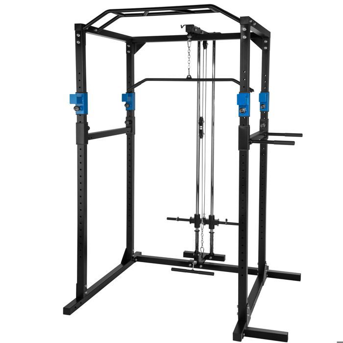 Entrenamiento con pesas - TECTAKE - Jaula de levantamiento de pesas con sistema de poleas, barras de acero superior e inferior - Negro/Azul