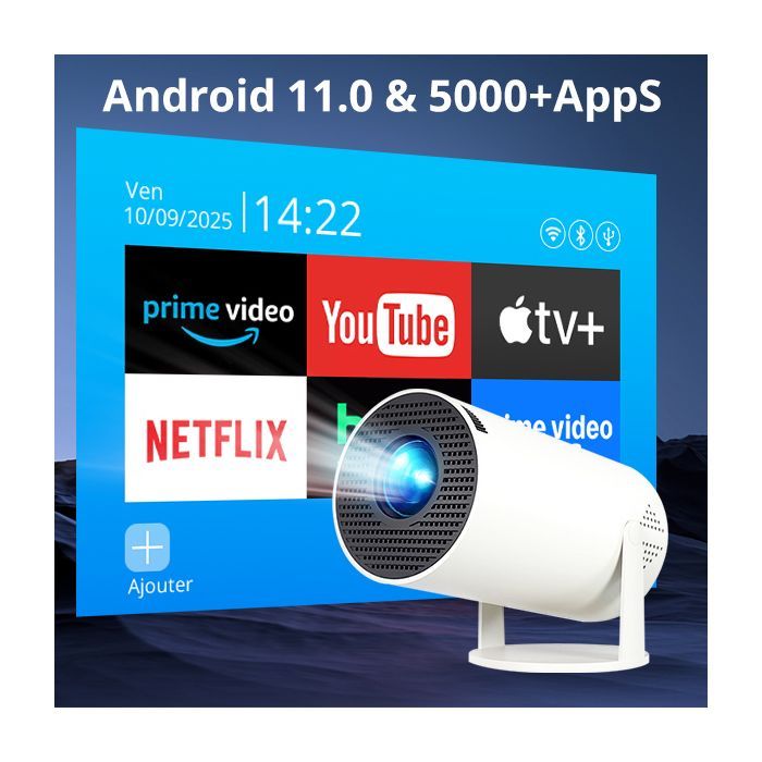 Il videoproiettore EKASN PRO supporta risoluzioni 1080P e 4K, livellamento automatico a 180°, Bluetooth 5.2, Wi-Fi 5G integrato e app Android certificate.