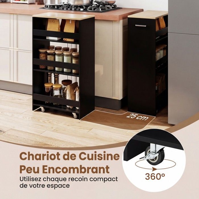 GIANTEX Narrow Kitchen Trolley with Wheels and Brakes - 47.5x25x80.5cm - 4-Tier Serving Cart with Handle - Black + Natural