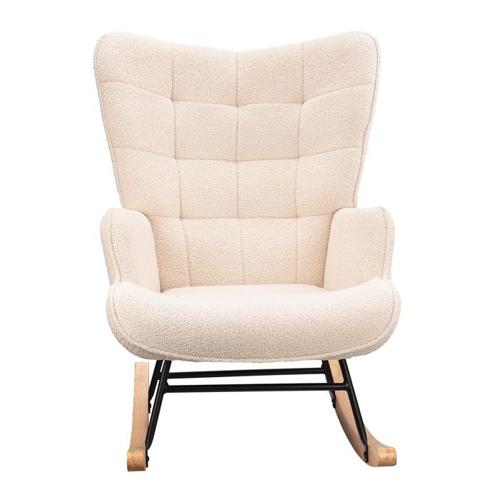 Fauteuil à bascule avec polaire Sherpa, bois massif et cadre en métal, Chaise à Bascule avec dossier haut et assise,beige