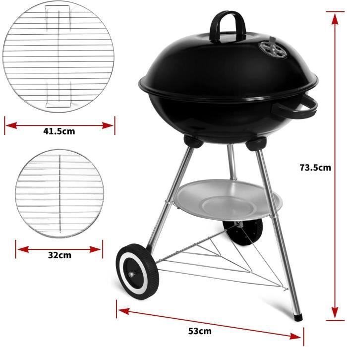 Churrasqueira redonda a carvão - SunJas - Churrasqueira portátil para jardim, com tampa e 2 rodas - 46*44*70cm