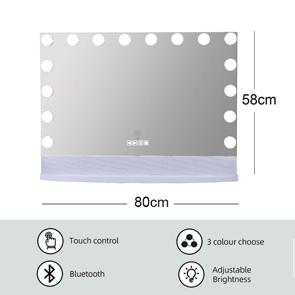 Espelho de maquilhagem estilo Hollywood com 16 colunas LED reguláveis e sem fios, 80x58cm