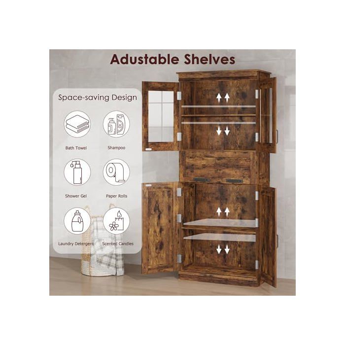 Mueble de baño, 170 cm de altura, con estantes ajustables, 4 puertas, 1 cajón y compartimento, color marrón.