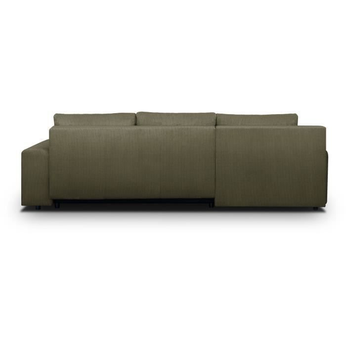 Canapé d'angle convertible - 5 places - INDIAN - Tissu velours côtelé Vert kaki - Coffre de rangement - 289 x 94/188 x 88 cm