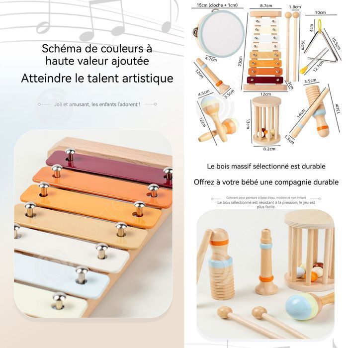 Set di 7 strumenti musicali in legno Montessori per bambini, giocattolo per imparare la musica e riconoscere i colori.