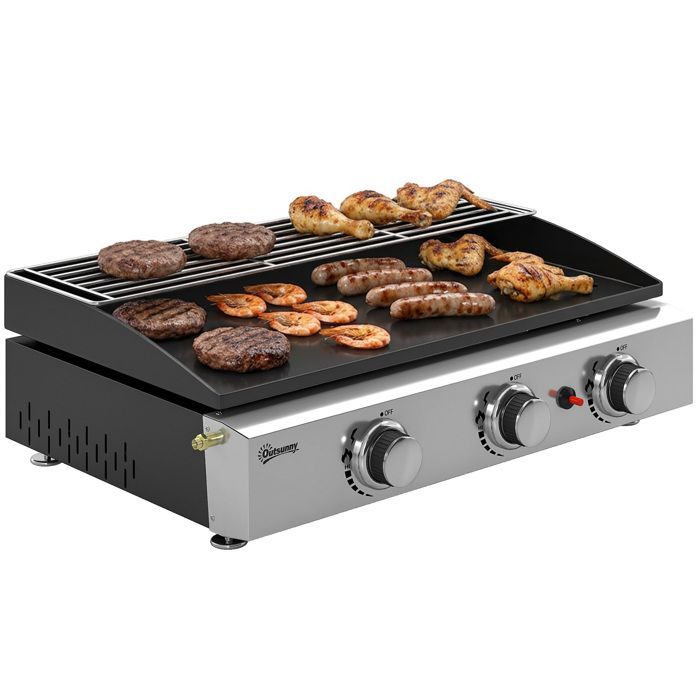 Gas griddle - gas barbecue - Outsunny - 3 burners, enamelled plate, 7.5 kW, warming rack - stainless steel - 62x44x21cm - black