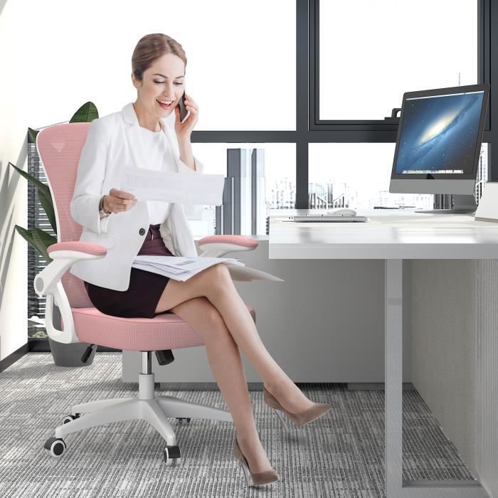 Bureaustoel - Ergonomische zitting van rotan - Fauteuil met 90° inklapbare armleuningen - Lendensteun - In hoogte verstelbaar