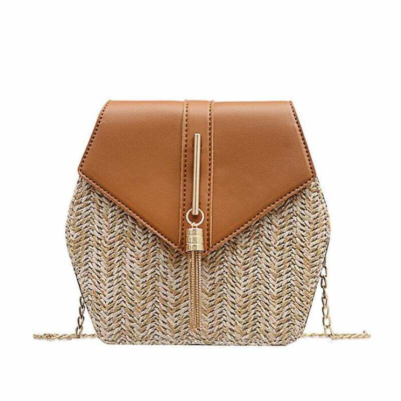 Elegante piccola borsa da donna in paglia, borse a tracolla da donna con catena, borse a tracolla fatte a mano, borse da spiaggia, borse a mano da donna con nappine, borsa tote in PU