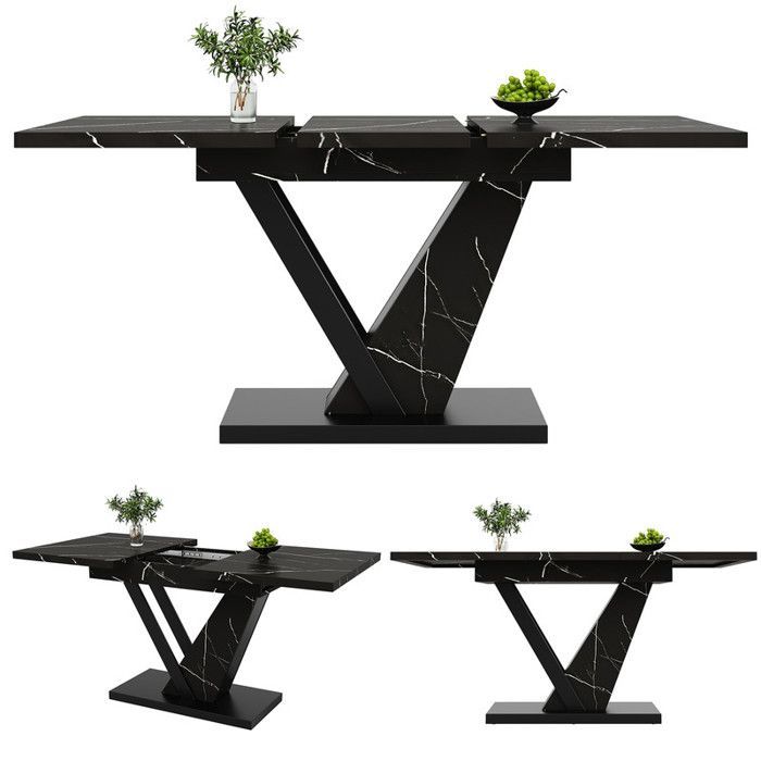 Mesa de jantar extensível (120-160 x 75 x 75,5 cm), mesa de cozinha que economiza espaço, mesa de jantar com padrão de mármore preto, para