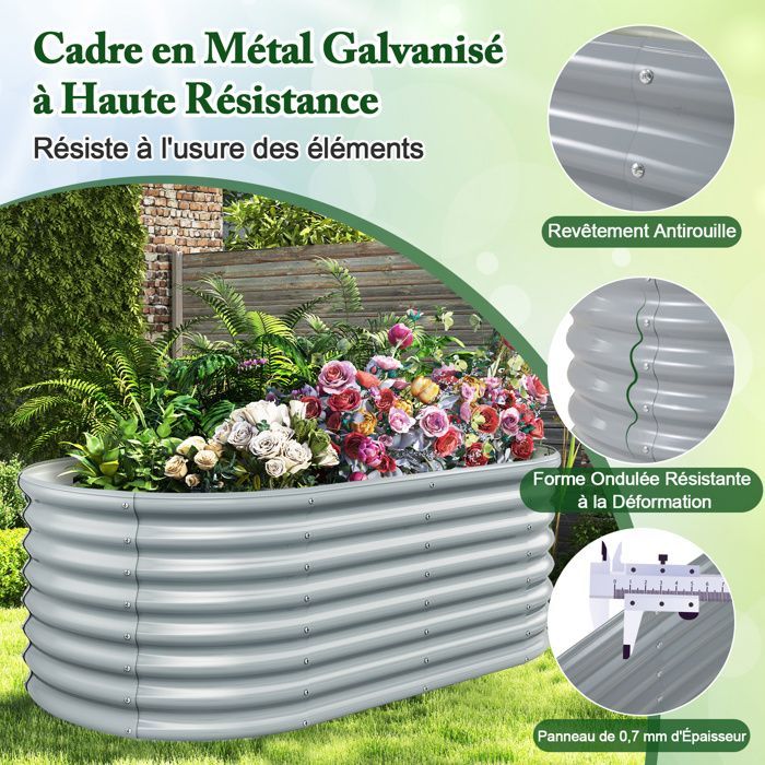 Huerto elevado de metal galvanizado - RELAX4LIFE - Resistente a la corrosión - Macetero elevado sin fondo - 165x80x60cm - Gris
