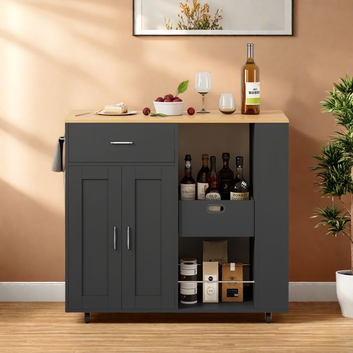 Desserte de Cuisine - Îlot à Roulettes - 102x46x92 cm - 2 Portes - 1 Tiroir - Noir