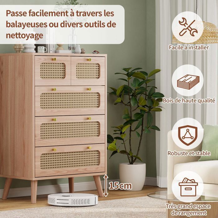 Cómoda de 5 cajones - LUMINARIX - Madera natural - Ratán - 60 x 34 x 91 cm - Elegancia chic - MDF