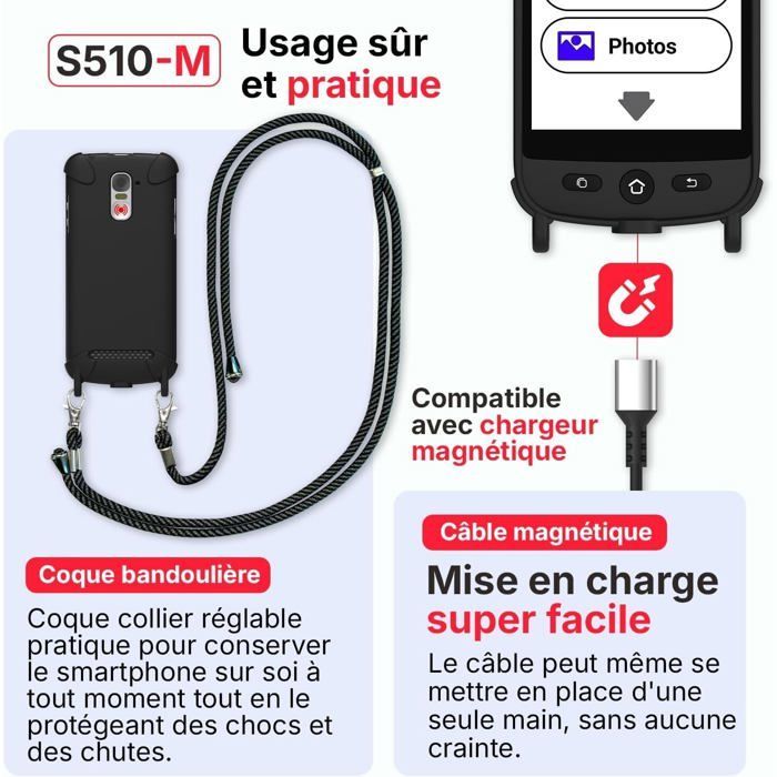Smartphone Swissvoice S510-M Senior - 4G, cavo magnetico, custodia protettiva, pulsante SOS