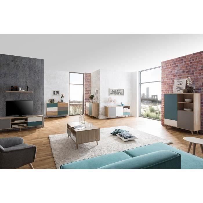 Mueble de TV escandinavo CUBA - Acabado en roble, gris, blanco y azul petróleo - 1 puerta - Ancho 150 x Profundidad 40 x Alto 51 cm