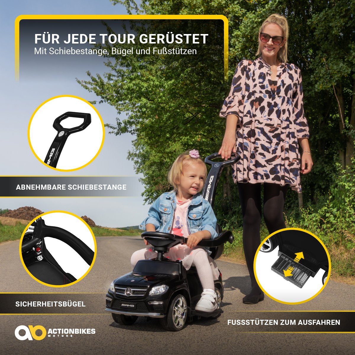 Actionbikes Motors Mercedes Benz GL 63 AMG elektrische kinderauto incl. duwstang (Elektrische auto voor kinderen vanaf 1 jaar - Schommelfunctie - Voetsteunen, 1 stuk, 6V accu - MP3 - Bluetooth - Geluidsmodule - LED - EVA-banden), Kindervoertuig