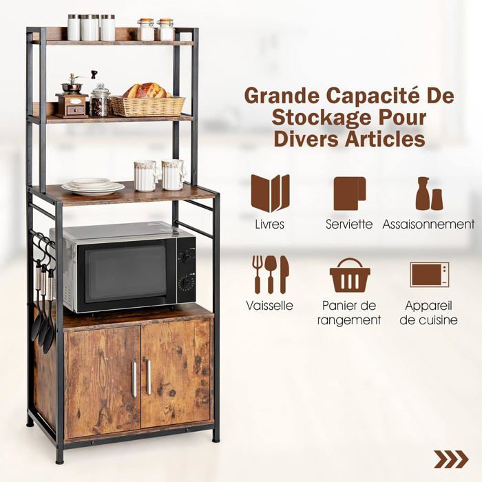 COSTWAY Étagère de Cuisine à 4 Niveaux, 60 x 40 x 150 CM, Desserte pour Four à Micro-ondes avec Crochets en S, Style Industriel
