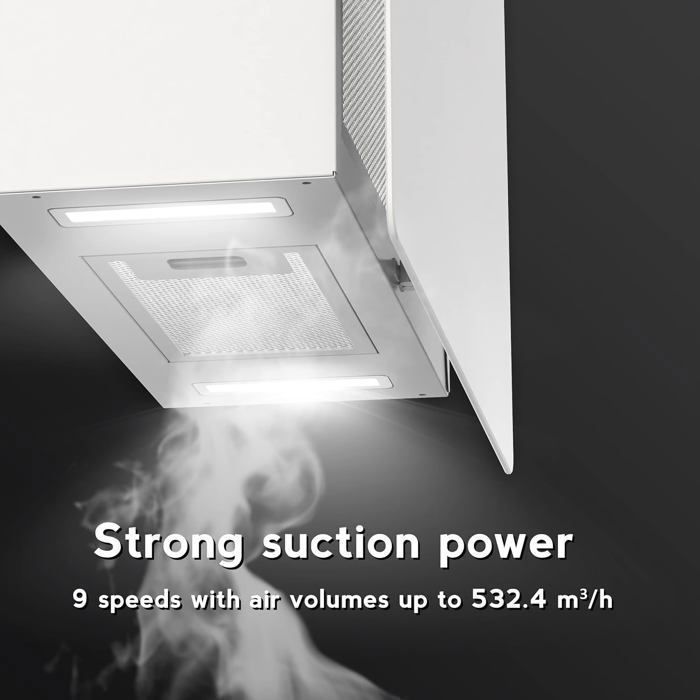 FIREGAS Hotte aspirante 60cm,Moteur Brushless,Économie d'énergie,9 Vitesses,550 m³/h,Blanc,Classe énergétique A+