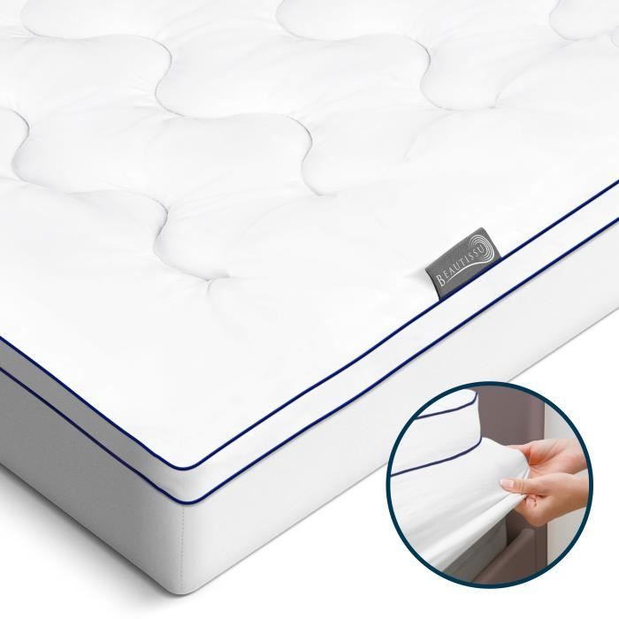 Beautissu BeauNuit MT Base Surmatelas avec Housse Intégrée 140x200 cm - Rembourrage en Mousse de 3 cm pour et Matelas jusqu'à 30 cm