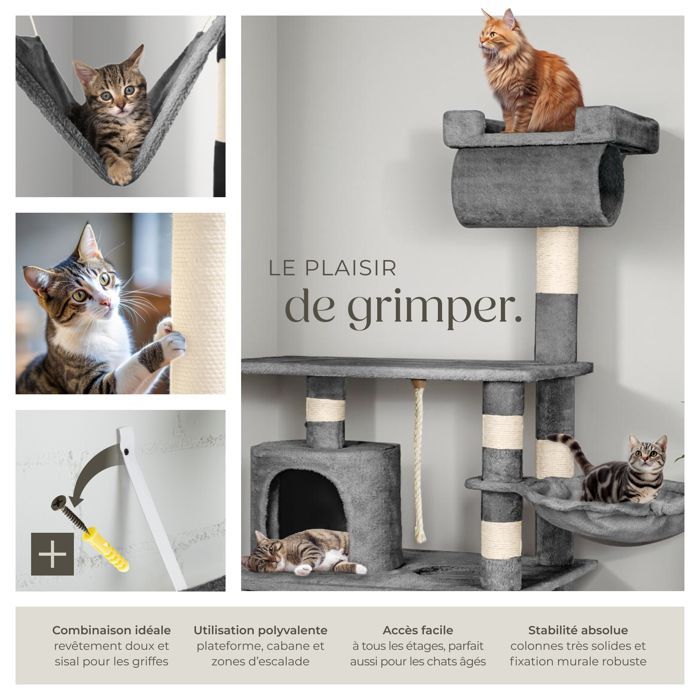 Arbre à chat - TECTAKE - Mobilier pour chat STOKELEY 141 cm de hauteur avec zones de couchage et cordelette - Gris