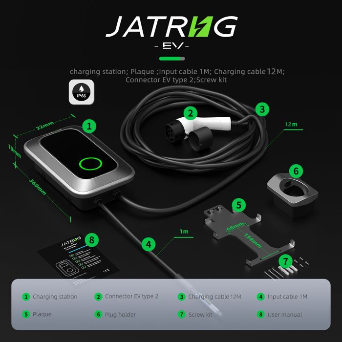 JATRHG S1 Borne de Recharge pour Véhicule Électrique 11kW 12M 16A Triphasé IP66- Station de Charge EV Wallbox