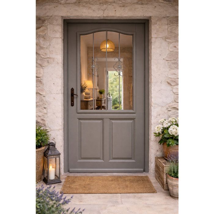Santiago Quartz Grey Glazed Wooden Front Door, H.200 x W.90 cm, Right-Hand Side