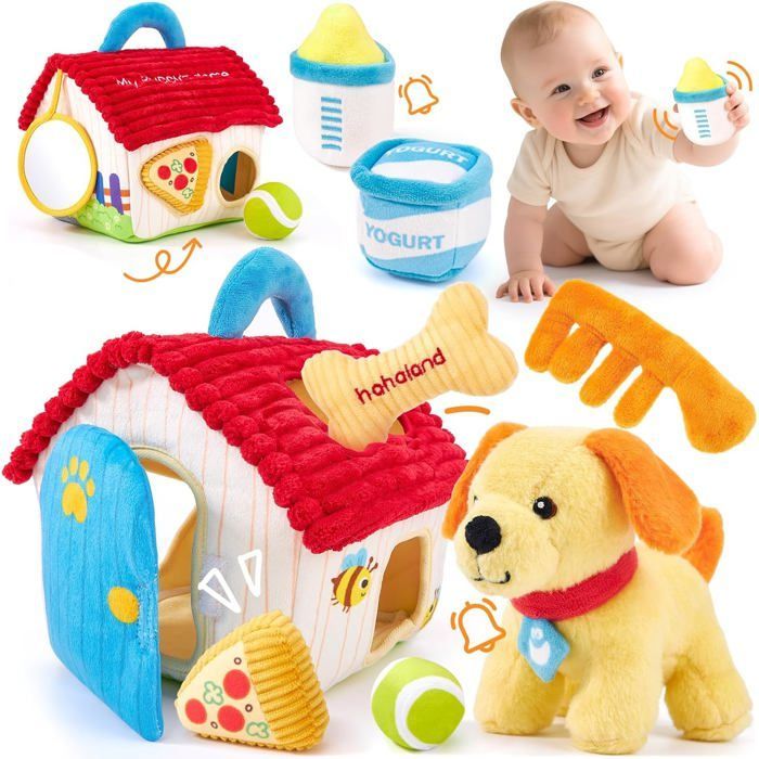 Juguete para bebés de 6 a 12 meses: Set de perro de peluche sensorial - Juguete Montessori para niños con sonajero, sonido crujiente y espejo.